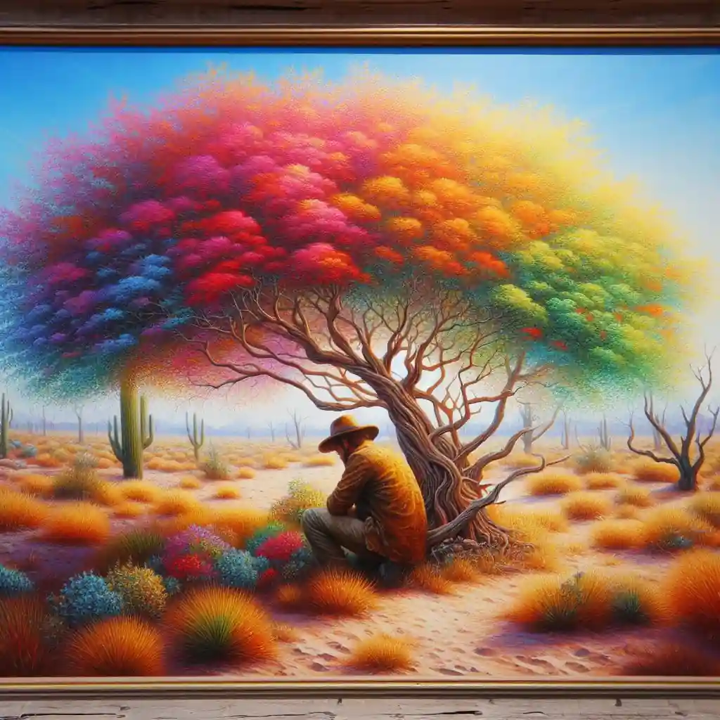 hombre plantando árbol con hojas multicolor, acuarela.