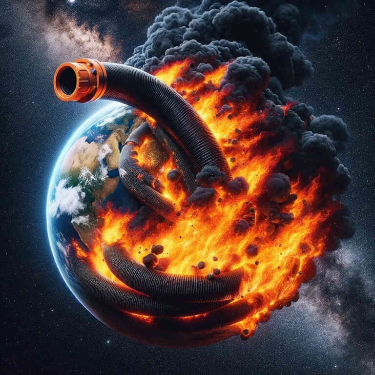 Planeta Tierra con manguera de combustibles fósiles quemándose