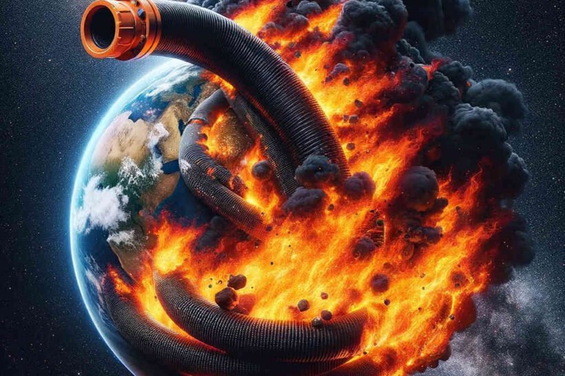 Planeta Tierra con manguera de combustibles fósiles quemándose