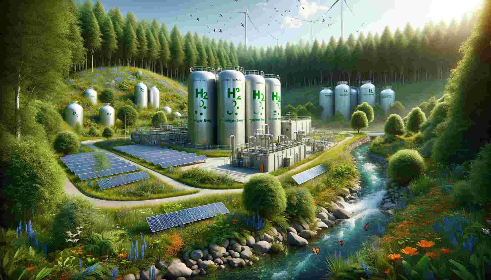Almacenamiento de hidrogeno verde rodeado de bosques de coníferas, paneles solares y riachuelos.