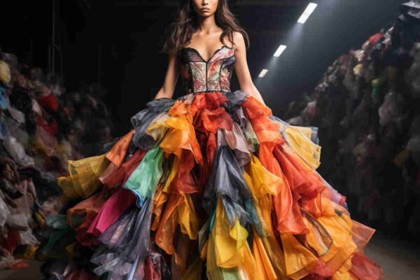 Modelo en la pasarela rodeada de ropa desechada.