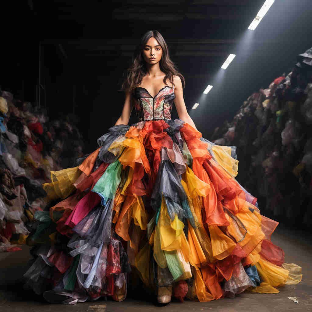 Modelo en la pasarela rodeada de ropa desechada.