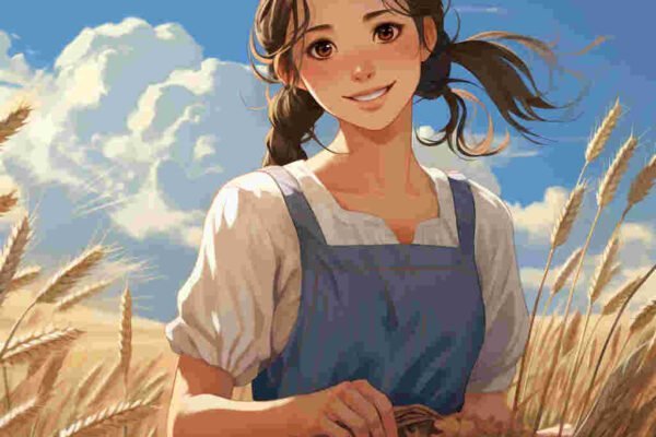 Mujer joven anime rural, campo trigo.