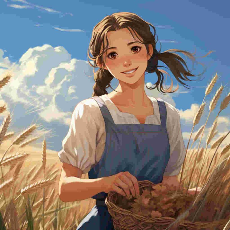 Mujer joven anime rural, campo trigo.