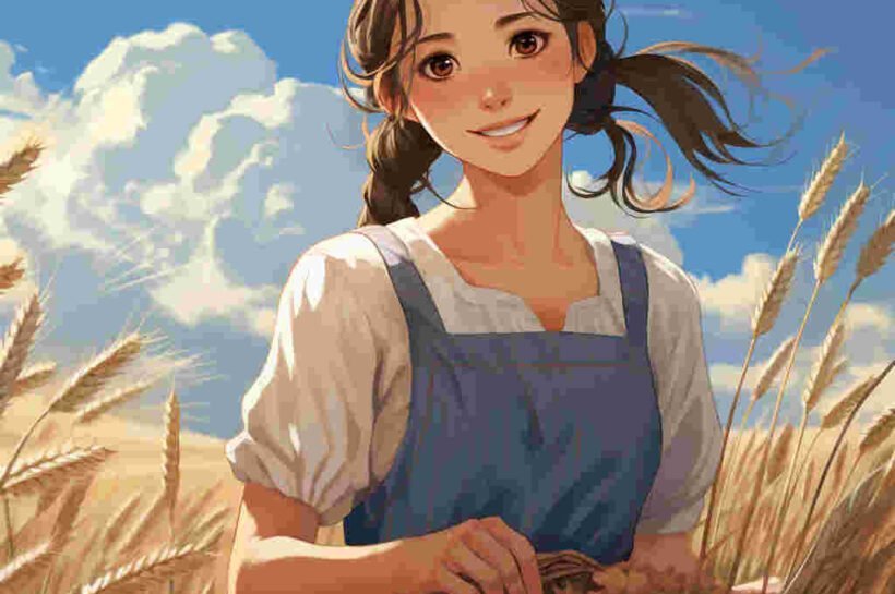 Mujer joven anime rural, campo trigo.