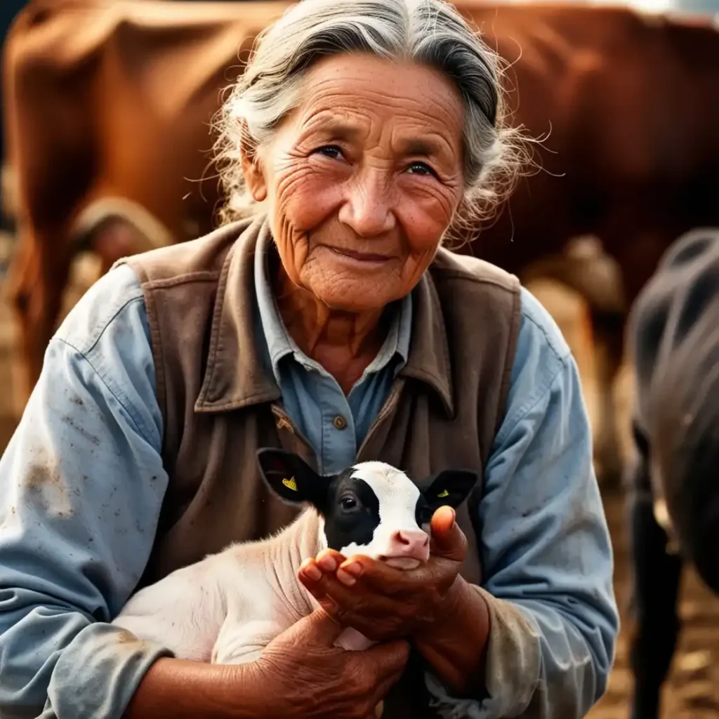 Mujer mayor rural con ternero recién nacido en brazos, en entorno de granja de vacas.