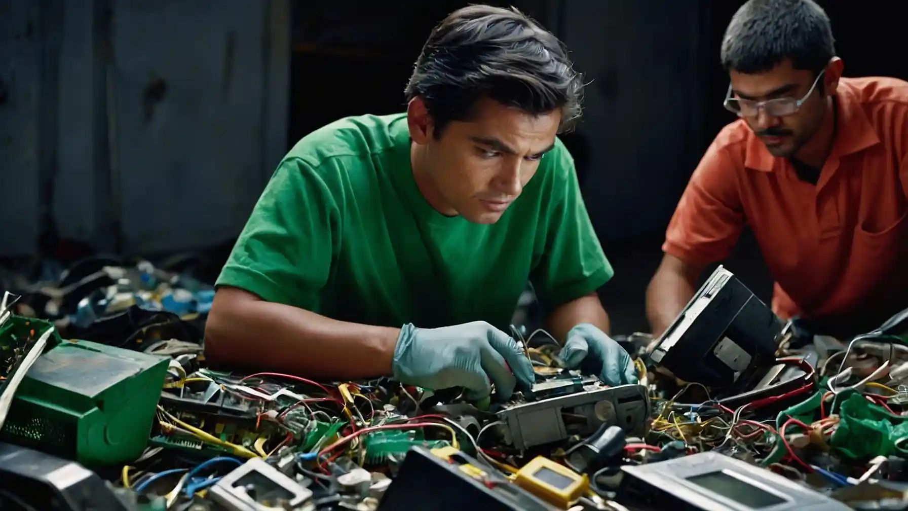 Dos personas reparando aparatos electrónicos