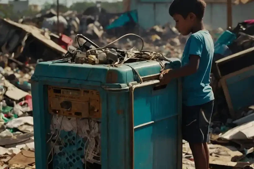 Niño de pie delante de un cubo de basura electrónica.