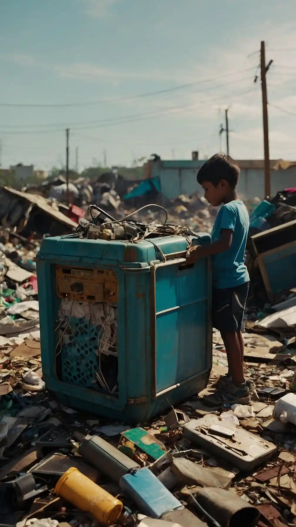 Niño de pie delante de un cubo de basura electrónica.