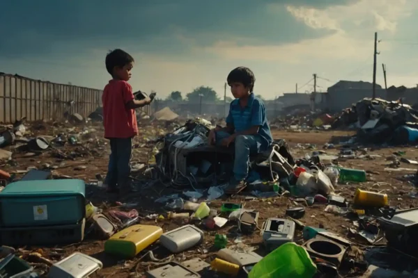 Los peligros ocultos del residuo electrónico: ¿A dónde van los dispositivos que no se reciclan? Dos niños buscan materiales en un vertedero de residuos electrónicos.