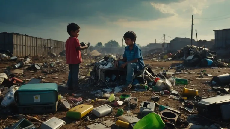 Dos niños buscan materiales en un vertedero de residuos electrónicos.