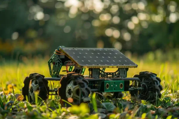 Robot Autónomo Solar: La solución inteligente contra las malas hierbas Robot autónomo sobre cuatro ruedas con un panel solar fotovoltaico, en un campo agrícola.
