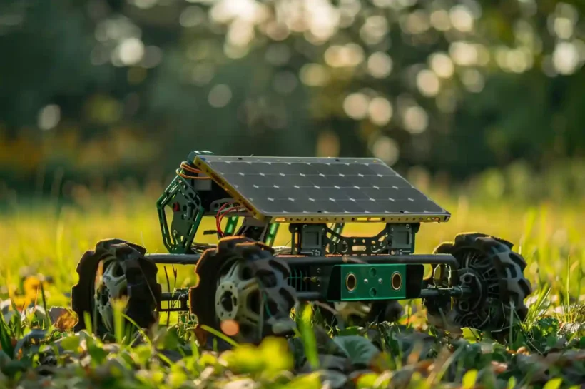Robot autónomo sobre cuatro ruedas con un panel solar fotovoltaico, en un campo agrícola.