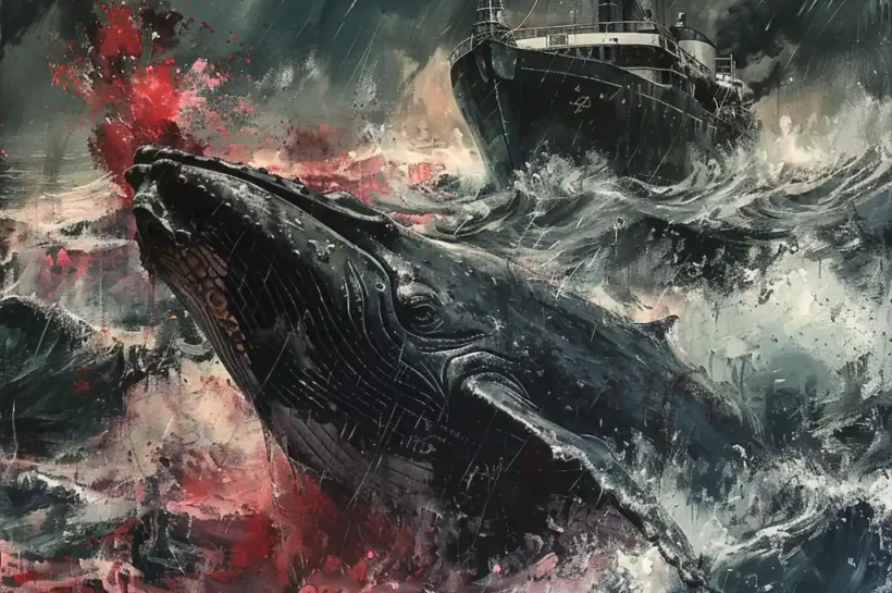 Barco ballenero cazando ballena azul, agua ensangrentada.