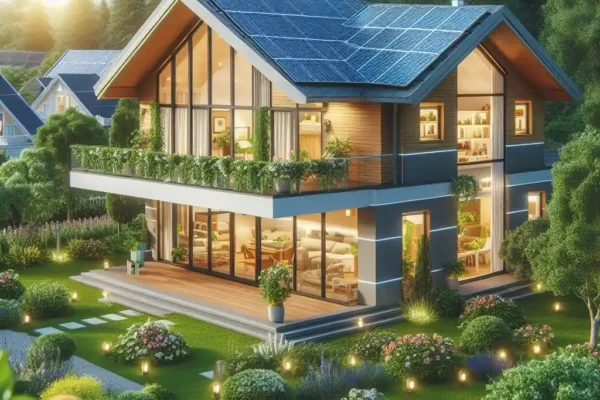 Casa de dos plantas con paneles solares en el tejado.