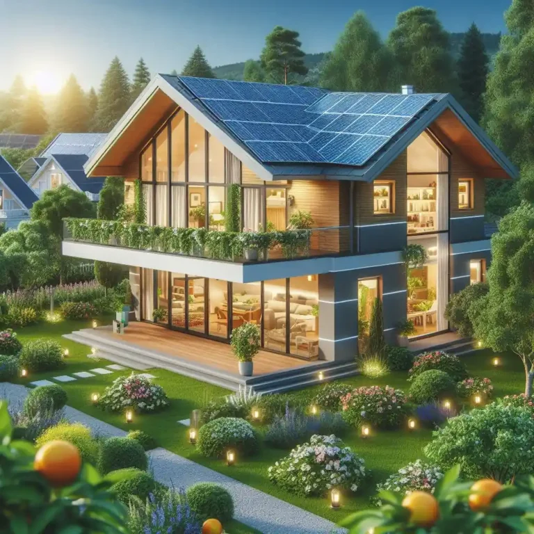 Casa de dos plantas con paneles solares en el tejado.