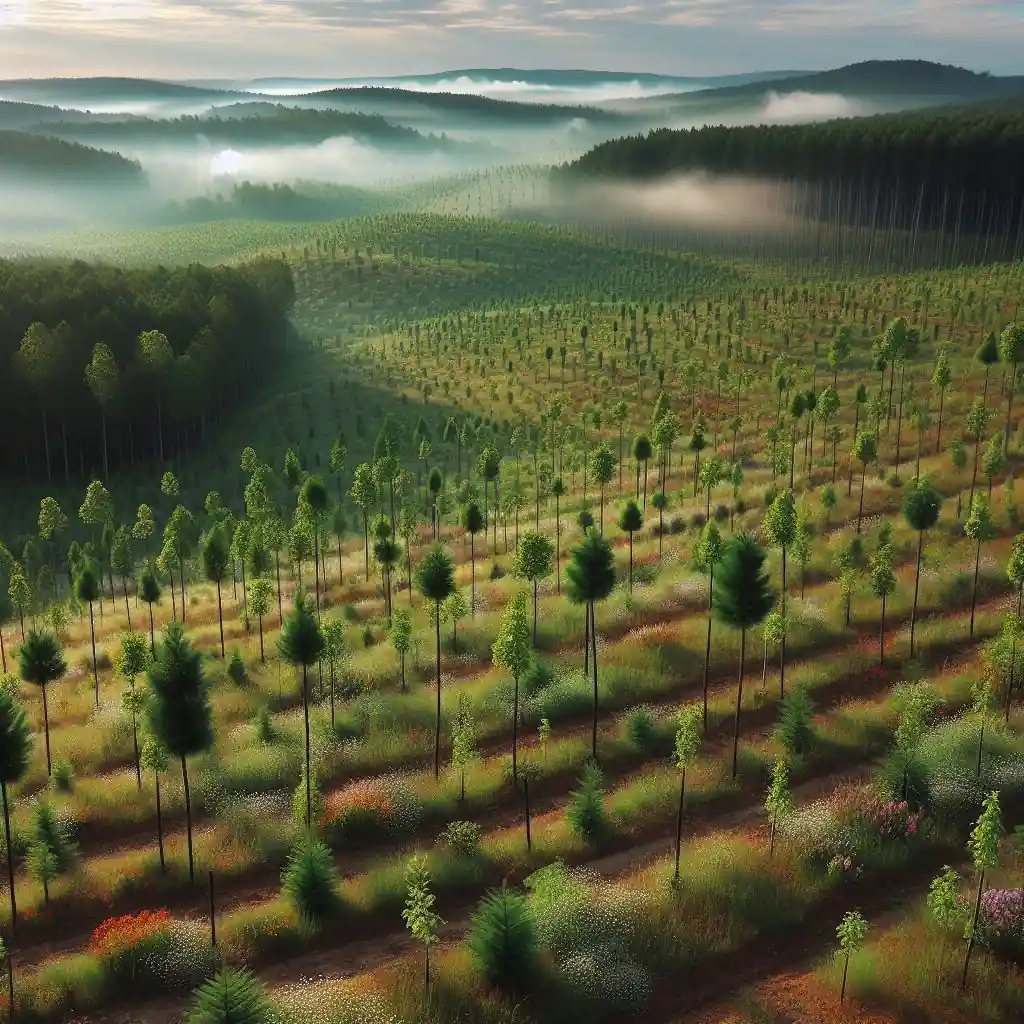 Campo con pinos y eucaliptos.