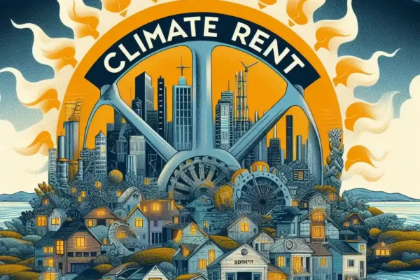 Ciudad en una isla con el sol de fondo y una noria con el letrero Renta climática en inglés.