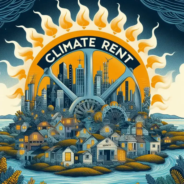 Ciudad en una isla con el sol de fondo y una noria con el letrero Renta climática en inglés.