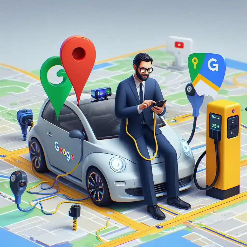 Hombre trajeado sentado sobre el capó de su coche eléctrico, mirando su smartphone, tiene al lado una estación de carga de vehículo eléctrico ubicada por Google Maps.