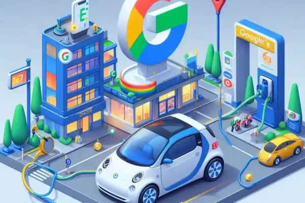 Vehículo eléctrico aparcado recargando batería, Logo Google sobre tejado edificio.