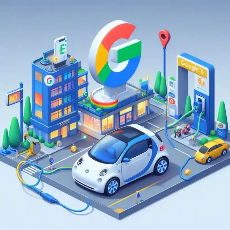 Vehículo eléctrico aparcado recargando batería, Logo Google sobre tejado edificio.