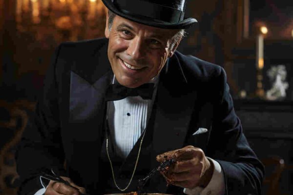 Un hombre sonriente, vestido con un traje negro lleva un sombrero de copa negro alto. Está comiendo en un plato blanco una masa que parece petróleo y es adicto.