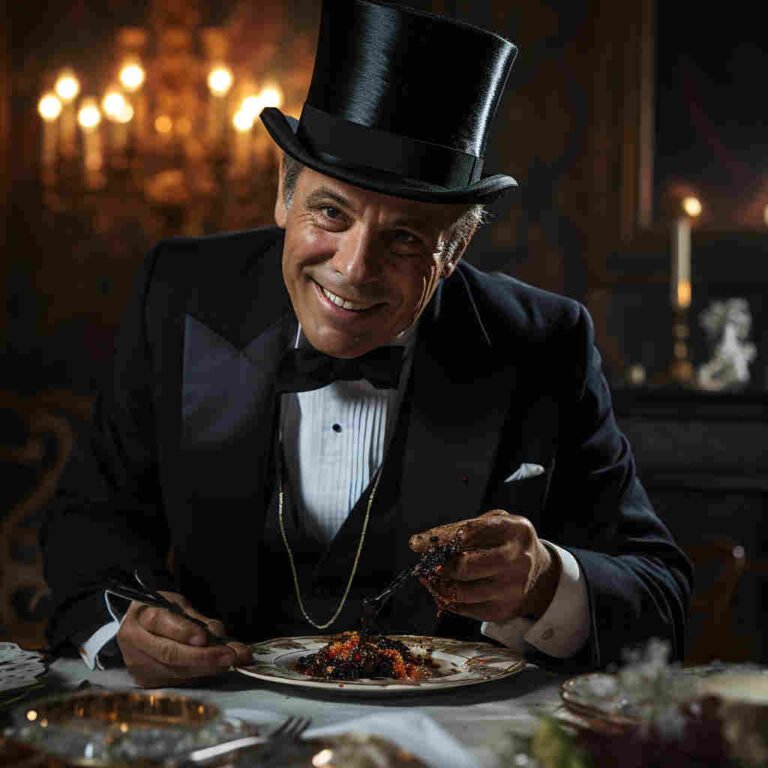 Un hombre sonriente, vestido con un traje negro lleva un sombrero de copa negro alto. Está comiendo en un plato blanco una masa que parece petróleo y es adicto.