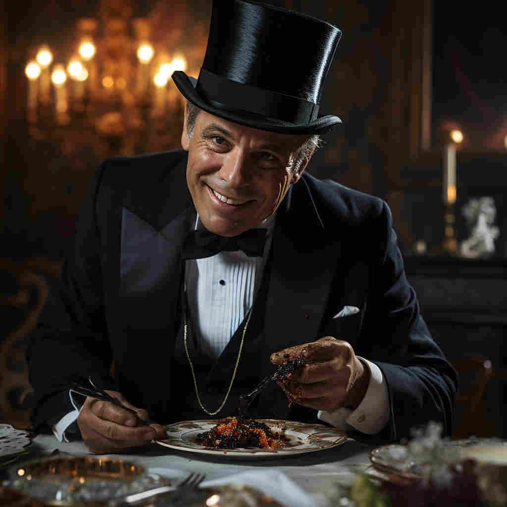 Un hombre sonriente, vestido con un traje negro lleva un sombrero de copa negro alto. Está comiendo en un plato blanco una masa que parece petróleo y es adicto.