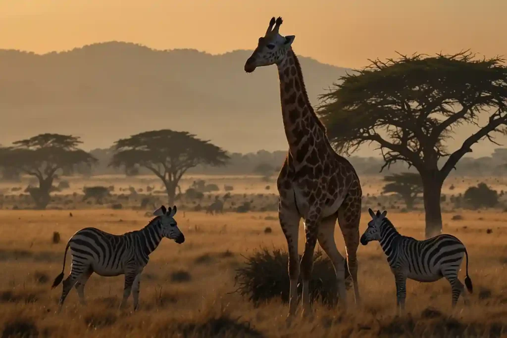Una jirafa y dos cebras en primer plano, de fondo la sabana africana.
