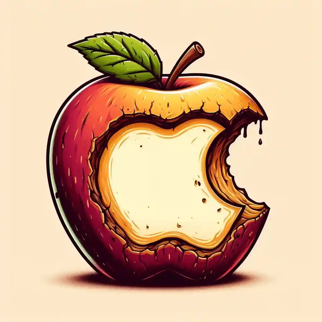 Manzana roja con una hoja tiene un mordisco, la manzana parece medio podrida.