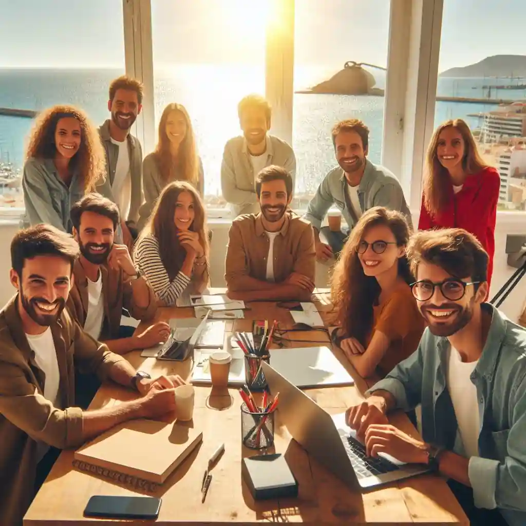 Grupo de personas sonriendo a la cámara en una oficina, el sol está detrás del grupo.