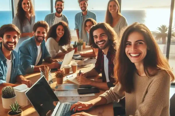 Grupo de personas haciéndose una foto en una oficina, sonriendo a la cámara.