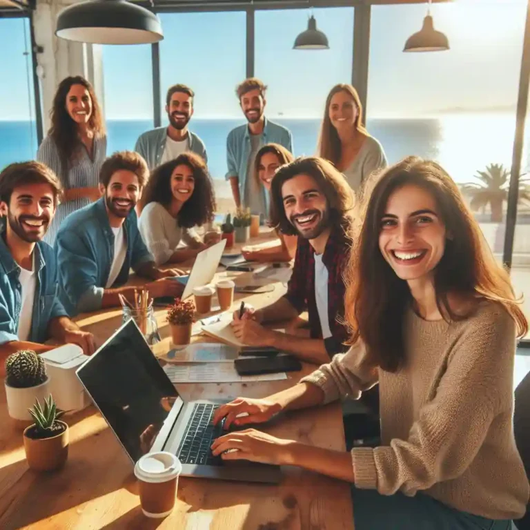 Grupo de personas haciéndose una foto en una oficina, sonriendo a la cámara.