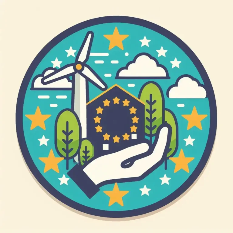 Mano sosteniendo una casa con el símbolo de UE, aerogenerador a la izquierda con árboles y estrellas y nubes en el cielo.