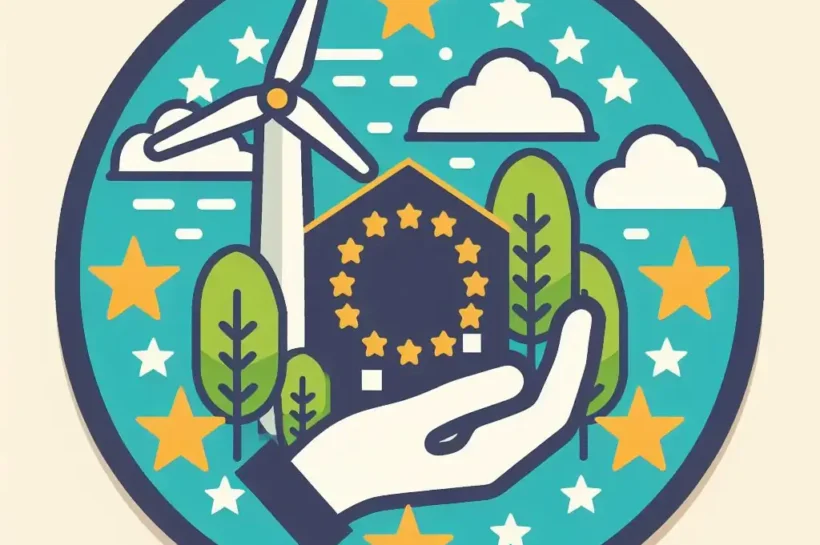 Mano sosteniendo una casa con el símbolo de UE, aerogenerador a la izquierda con árboles y estrellas y nubes en el cielo.