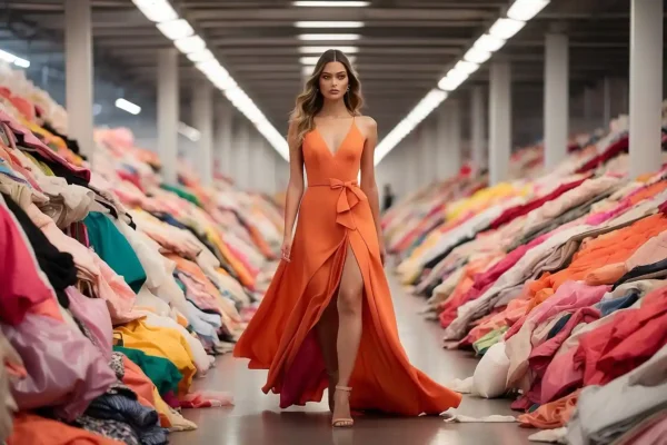 Mujer modelo en la pasarela con vestido largo naranja. A los lados hay cientos de prendas de ropa en el suelo.