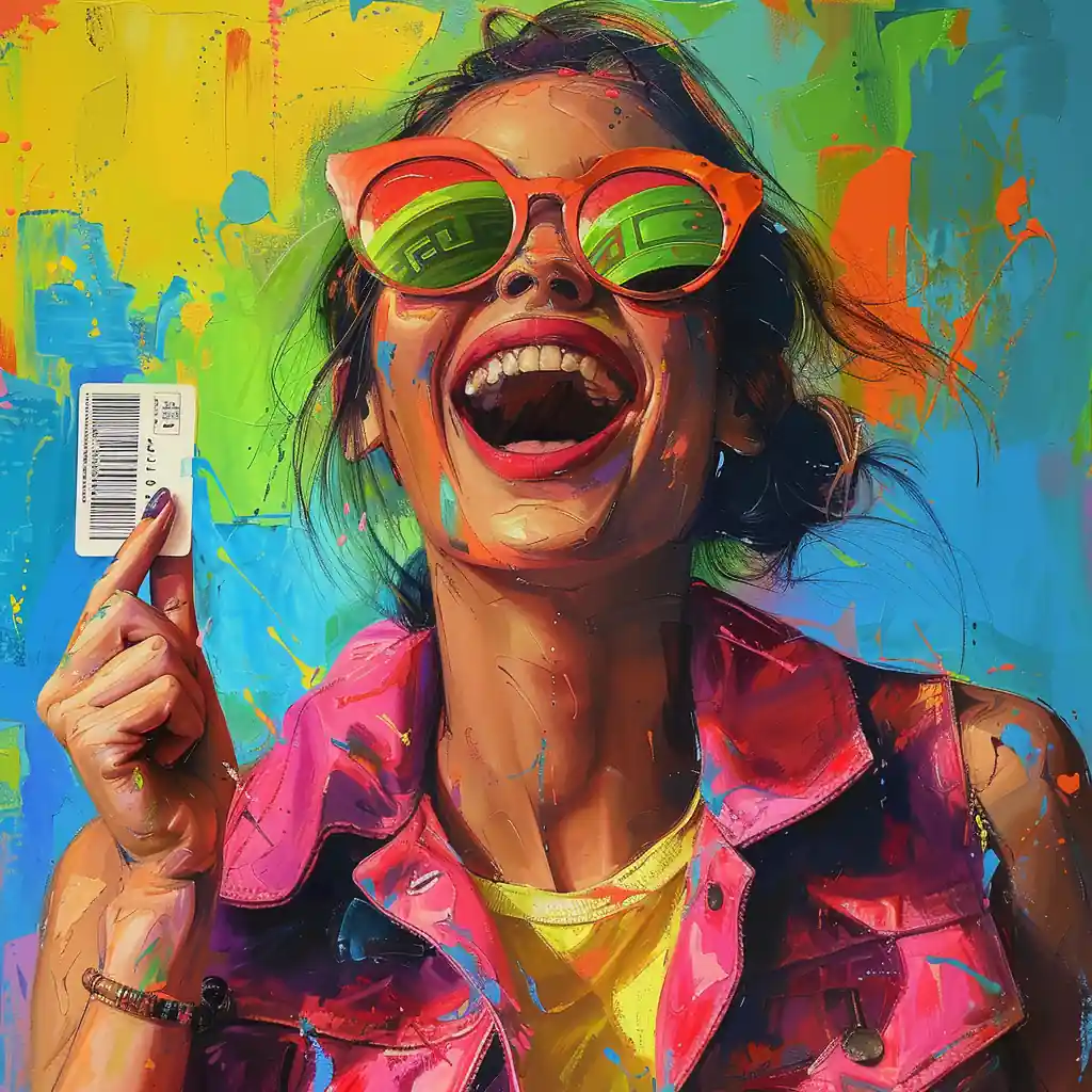 Mujer joven con gafas de sol feliz con un billete de lotería en su mano derecha.