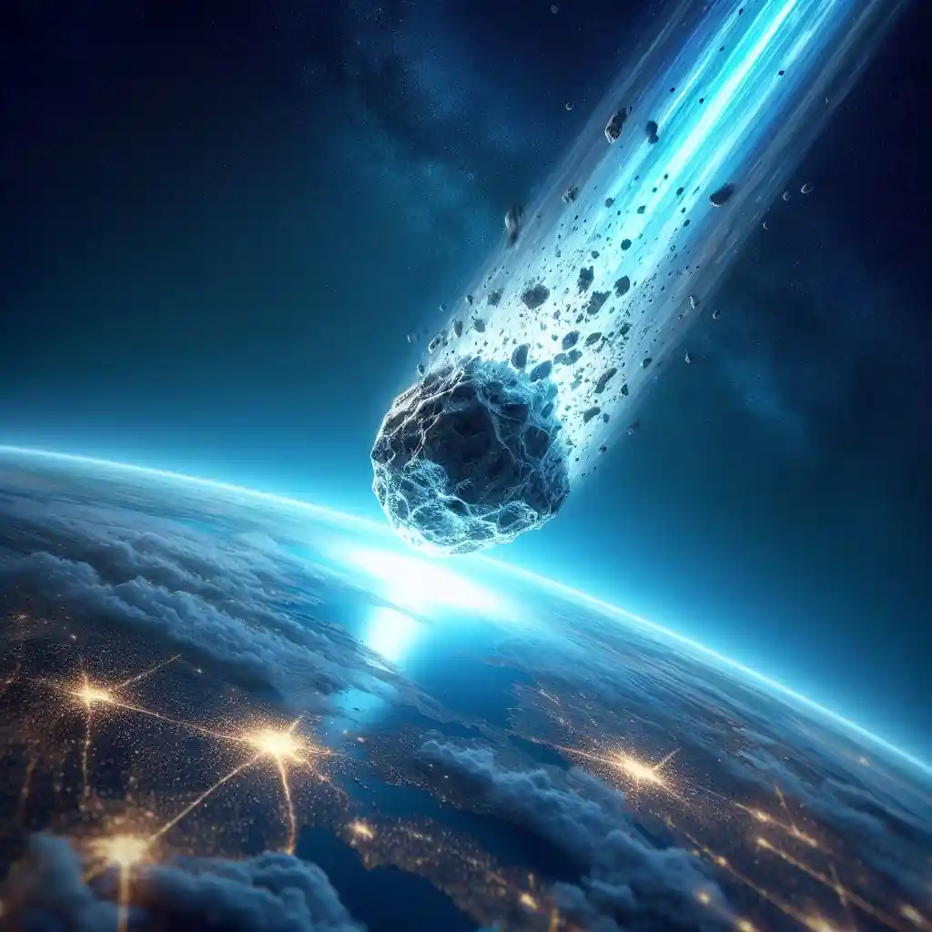 Meteorito de estela azul a punto de estrellarse contra el mar de un planeta.