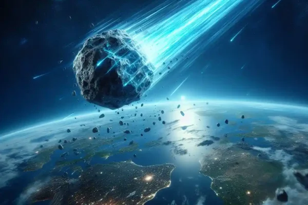 Meteorito de estela azul acercándose a un planeta.