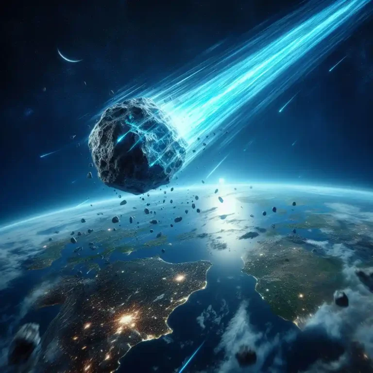 Meteorito de estela azul acercándose a un planeta.