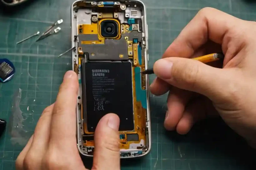 Manos reparando un smartphone