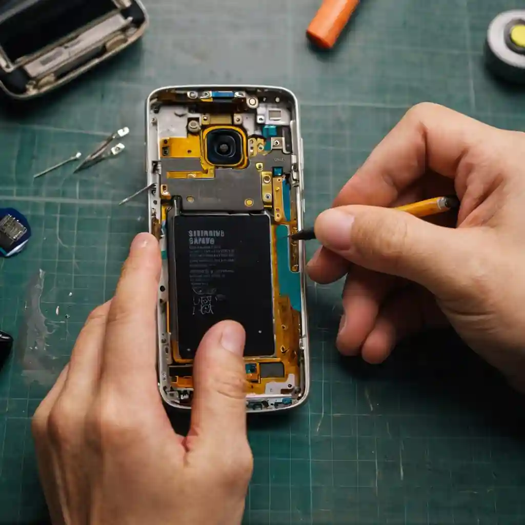 Manos reparando un smartphone