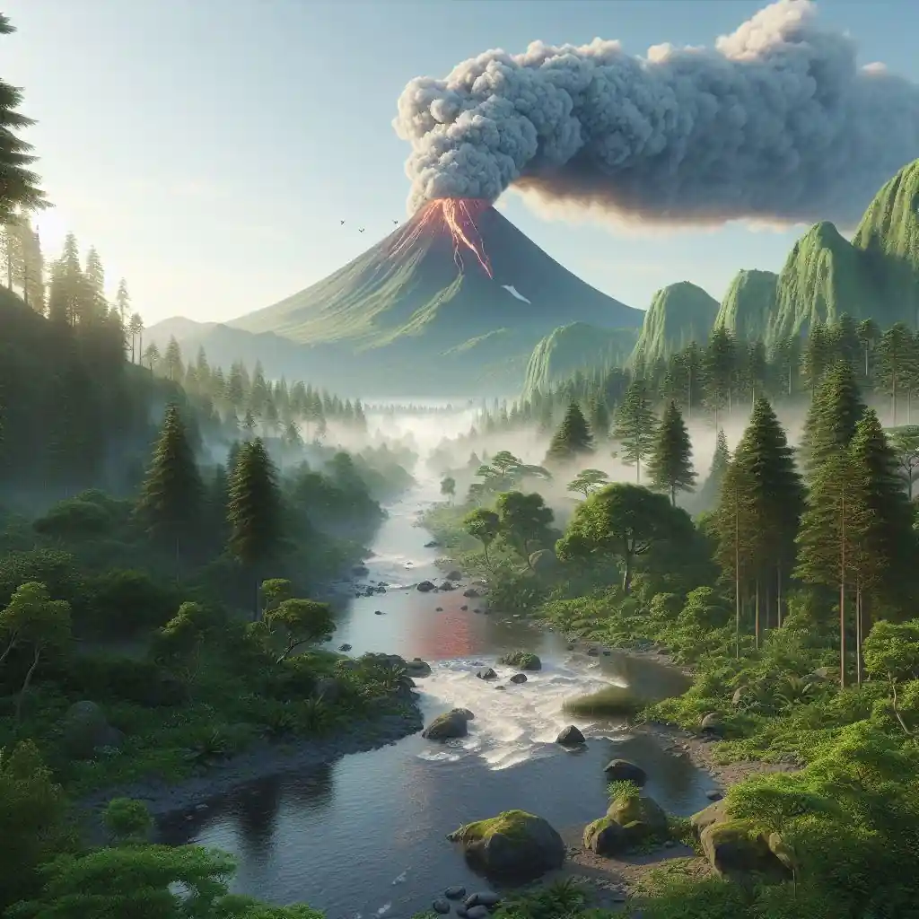 Volcán en una isla boscosa con río.