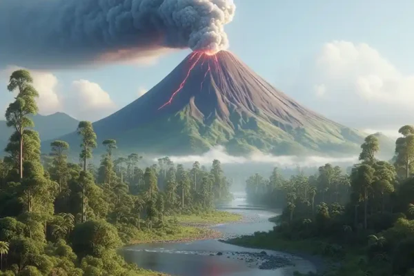 volcán en paisaje boscoso con río.