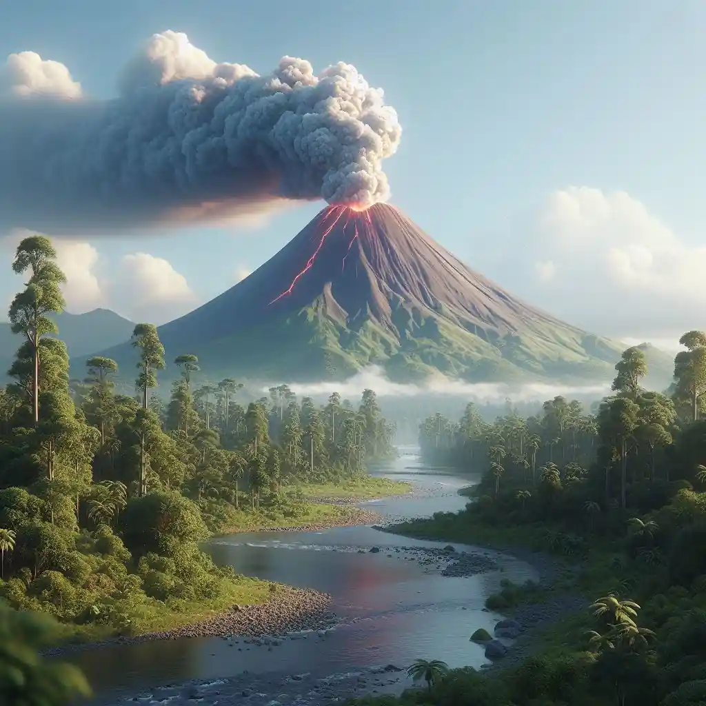 volcán en paisaje boscoso con río.