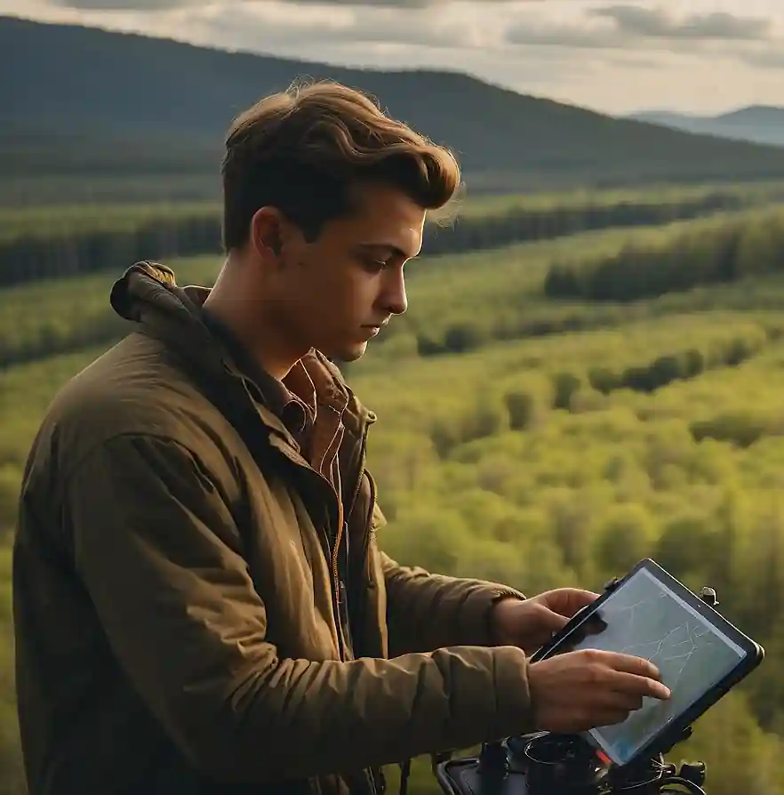Hombre joven con tablet pilotando dron en el campo.