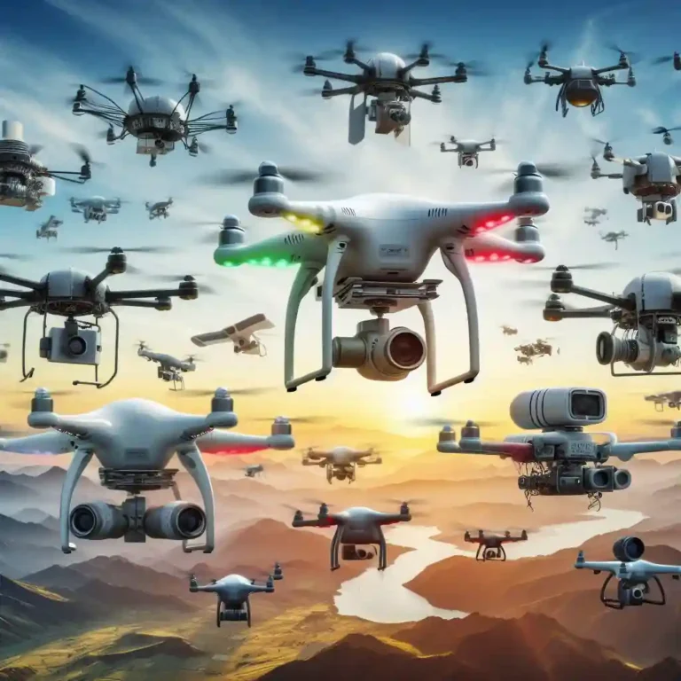 Grupo de drones de distintos tipos en el aire.