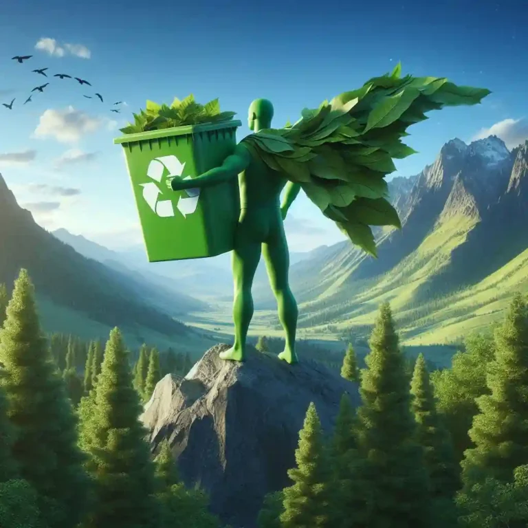 Hombre con capa, de espaldas, vestido de verde en la cima de una montaña, con un contenedor de reciclaje verde en brazos.