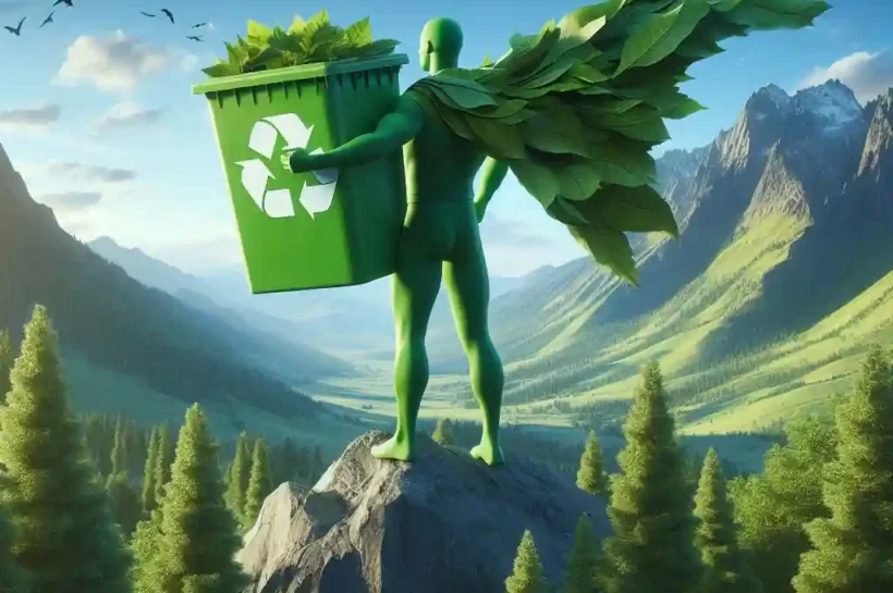 Hombre con capa, de espaldas, vestido de verde en la cima de una montaña, con un contenedor de reciclaje verde en brazos.